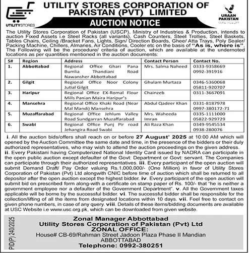 Utility Stores Corporation of Pakistan Mardan Tender Notice